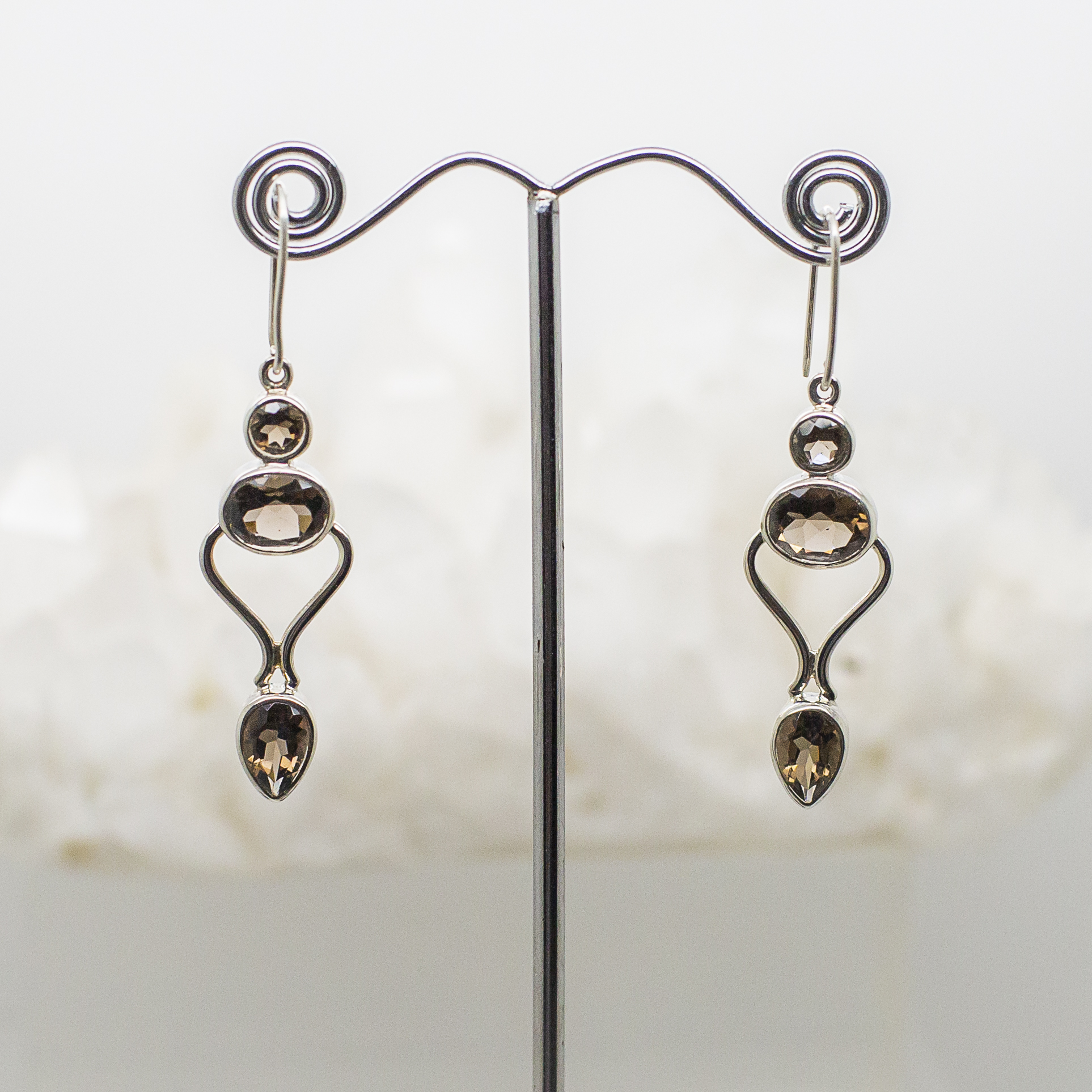 smokey quartz 3 stone faceted earrings