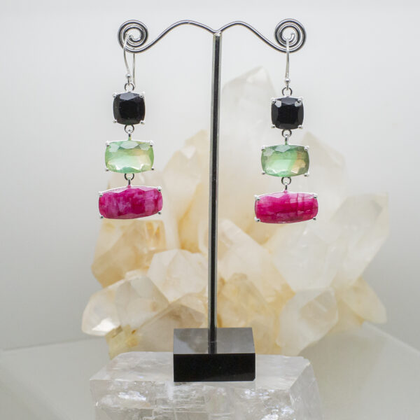 black onyx, fluorite and ruby earrings