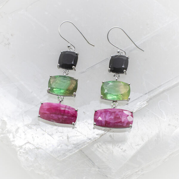 black onyx, fluorite and ruby earrings