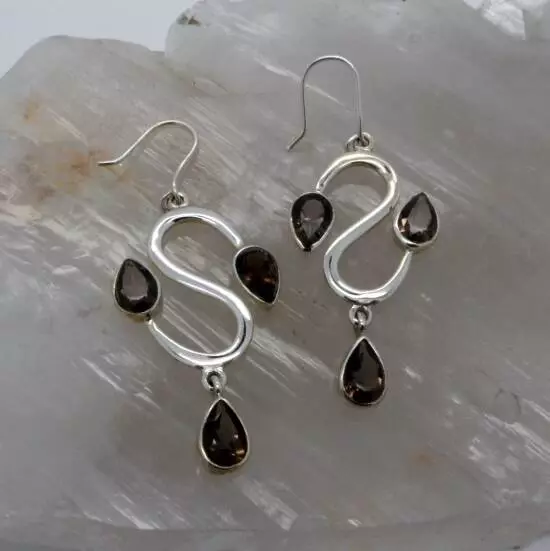 Smokey Quartz 3 Stone Earrings-0