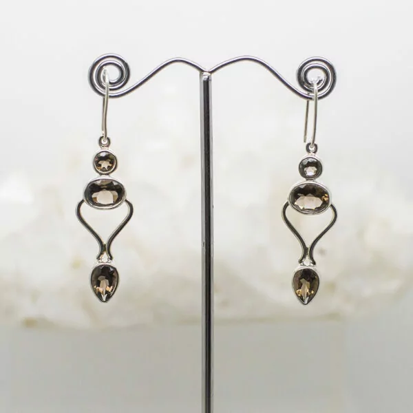 smokey quartz 3 stone faceted earrings